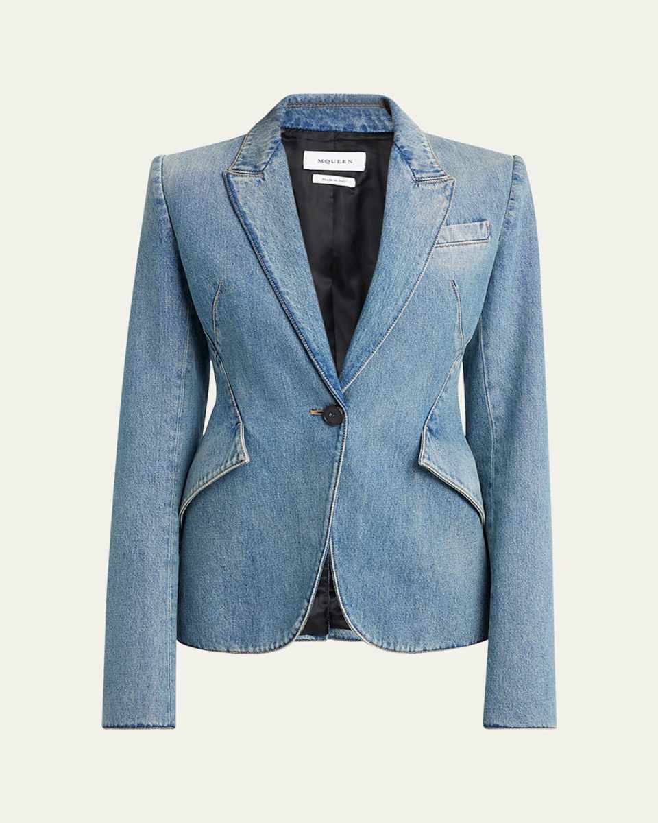 Light-Wash Denim Single-Breasted Blazer